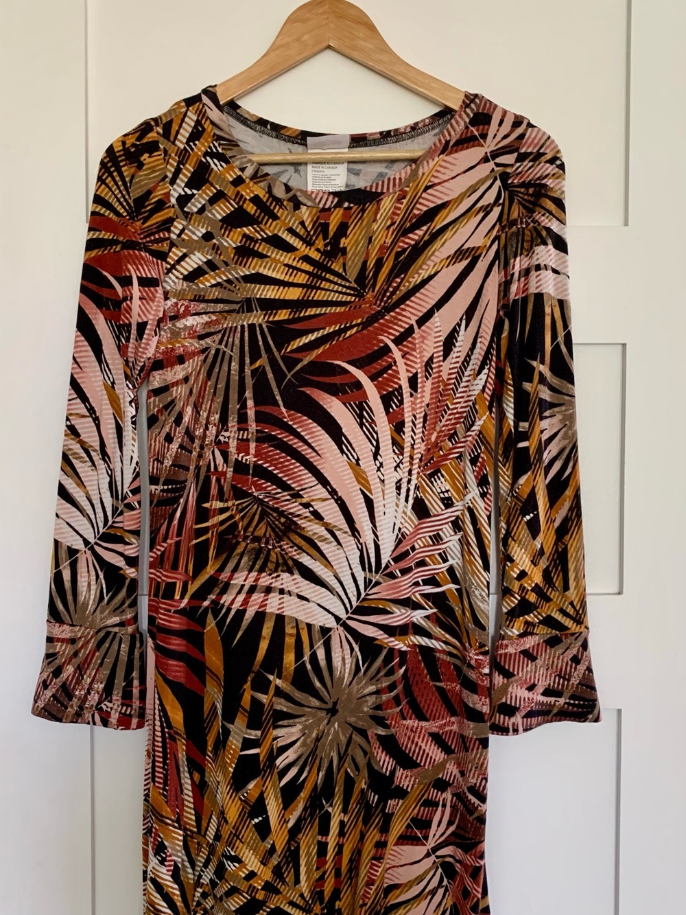 Women’s Tropical Print Long Sleeve dress in Black, Pink & Mustard